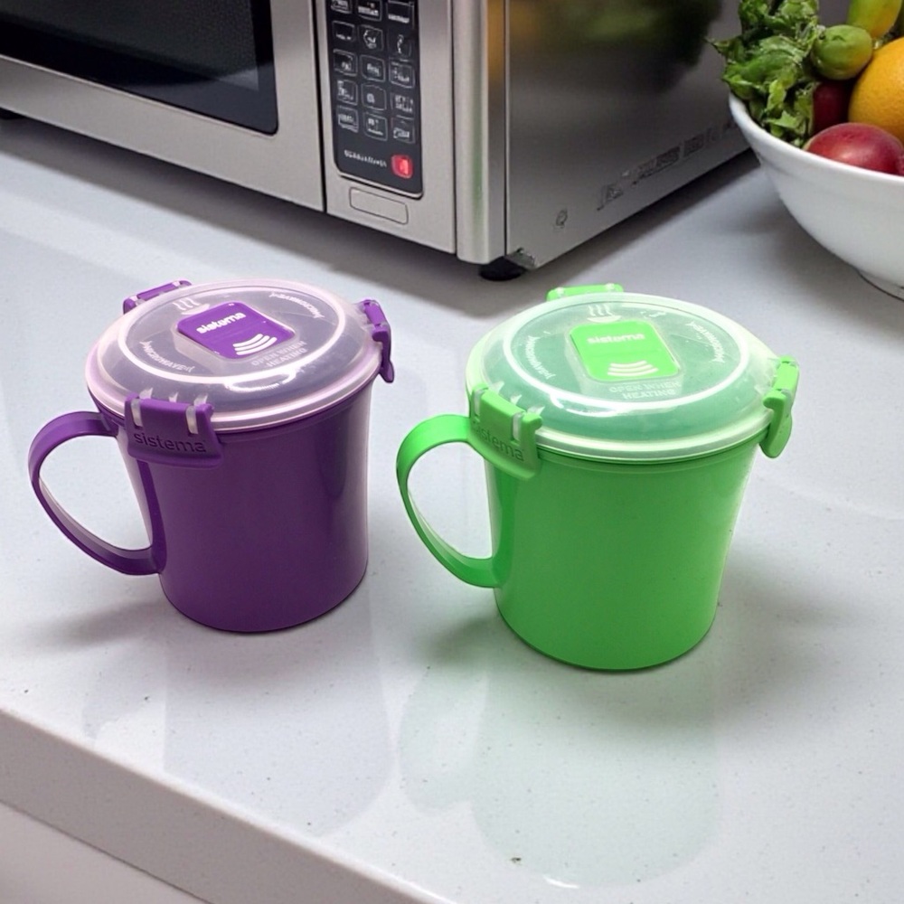 (2) Sistema Microwave Soup Mug Set 22oz Green Purple BPA Free Vent Lid Container